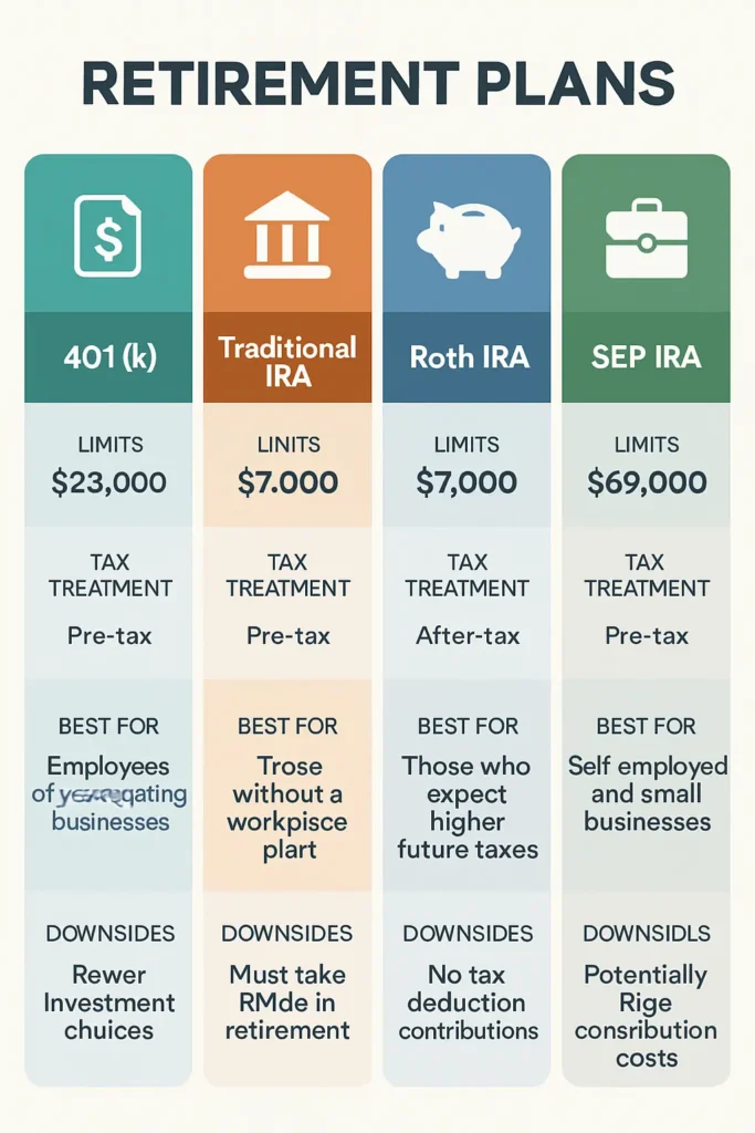 comparing 401(k), Traditional IRA, Roth IRA, SEP IRA with 2025 limits, tax treatment, best for, downsides